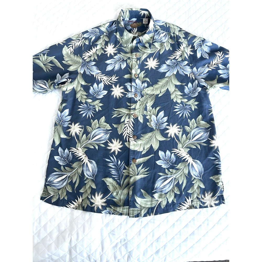 Caribbean Mens Silk/Cotton Hawaiian Shirt Large Tropical Blue & Green